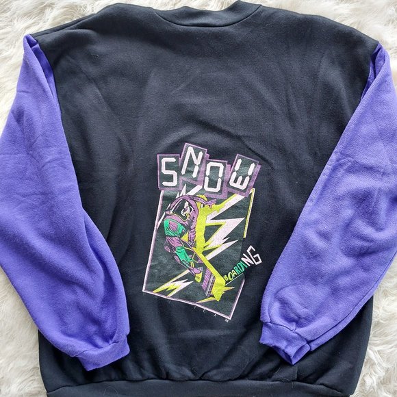Vintage 90s Sun Sations Sport Wear Snow Pro Team Black Purple Sweatshirt XL - Picture 12 of 13